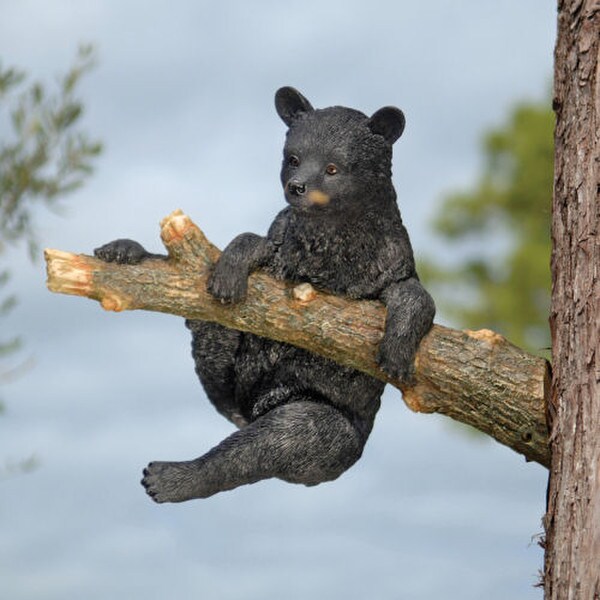 Decorative Statue Climbing Black Bear Cub Holding onto Branch Sculpture